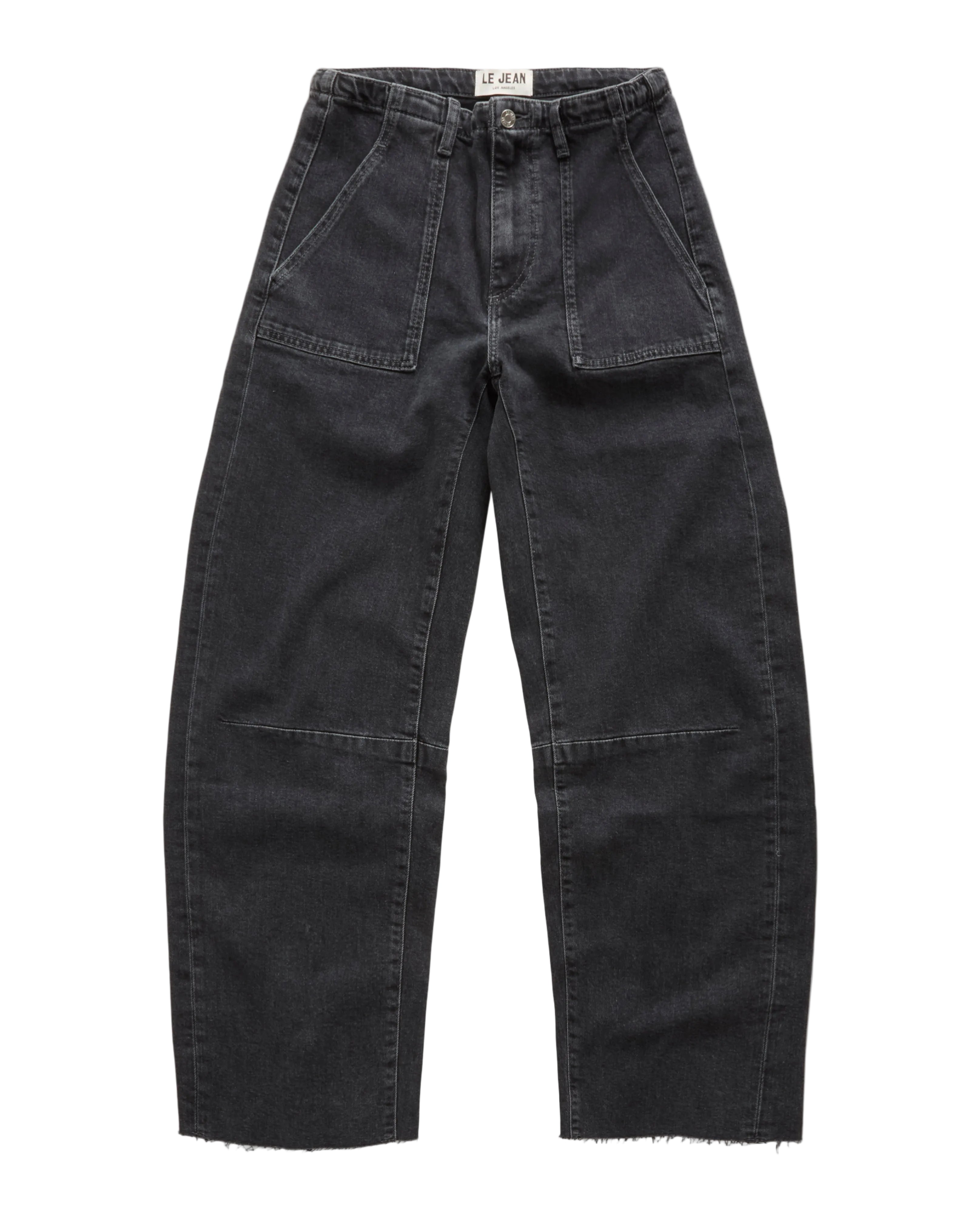A pair of wide-leg black denim jeans with a raw, frayed hem, displayed flat against a clean white background.