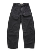 A pair of wide-leg black denim jeans with a raw, frayed hem, displayed flat against a clean white background.