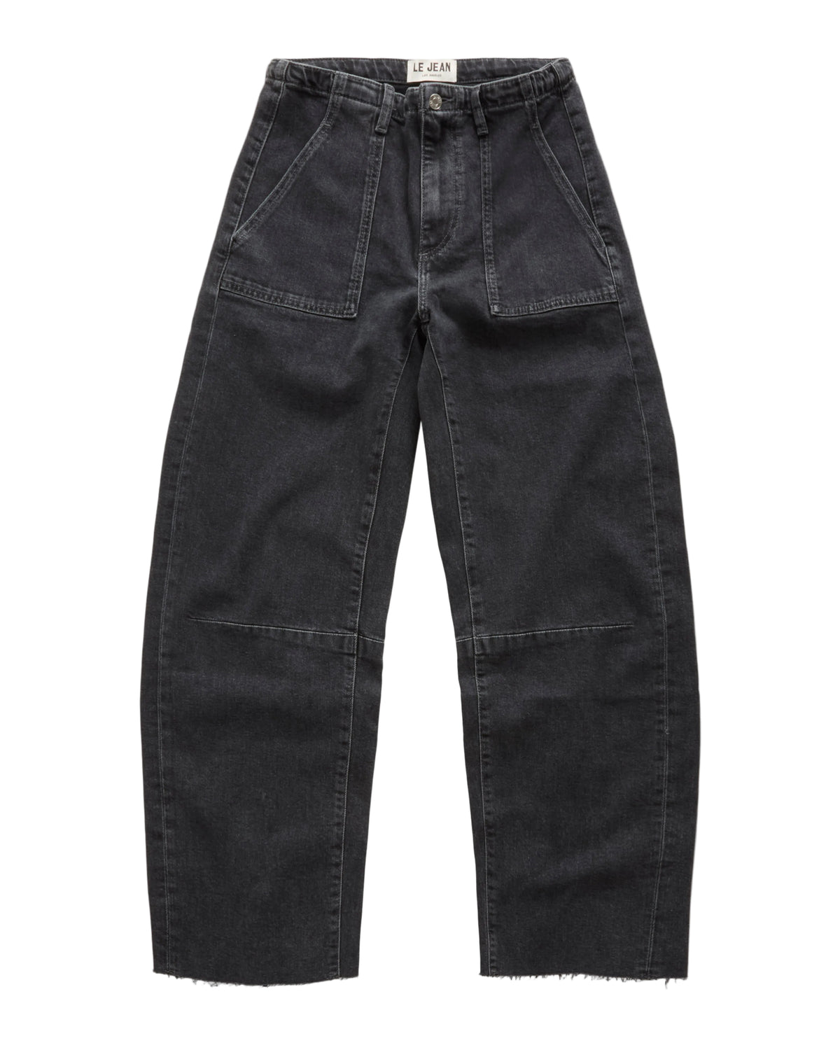 A pair of wide-leg black denim jeans with a raw, frayed hem, displayed flat against a clean white background.