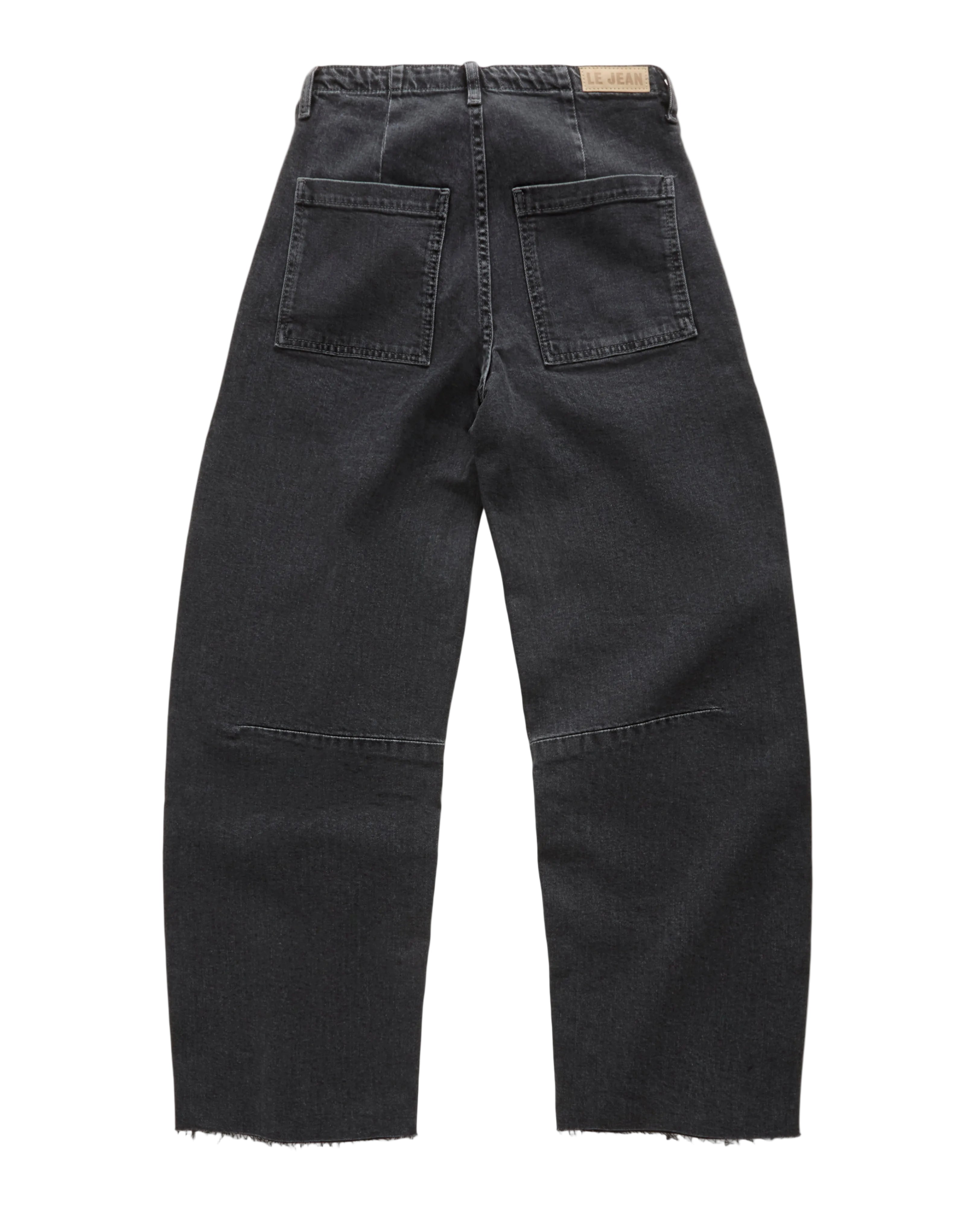 Black denim jeans shown from the back, featuring a straight-leg fit, dual back pockets, and raw frayed hems, photographed against a clean white background.