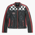 Black leather jacket with checkered pattern and brand logo on a white background