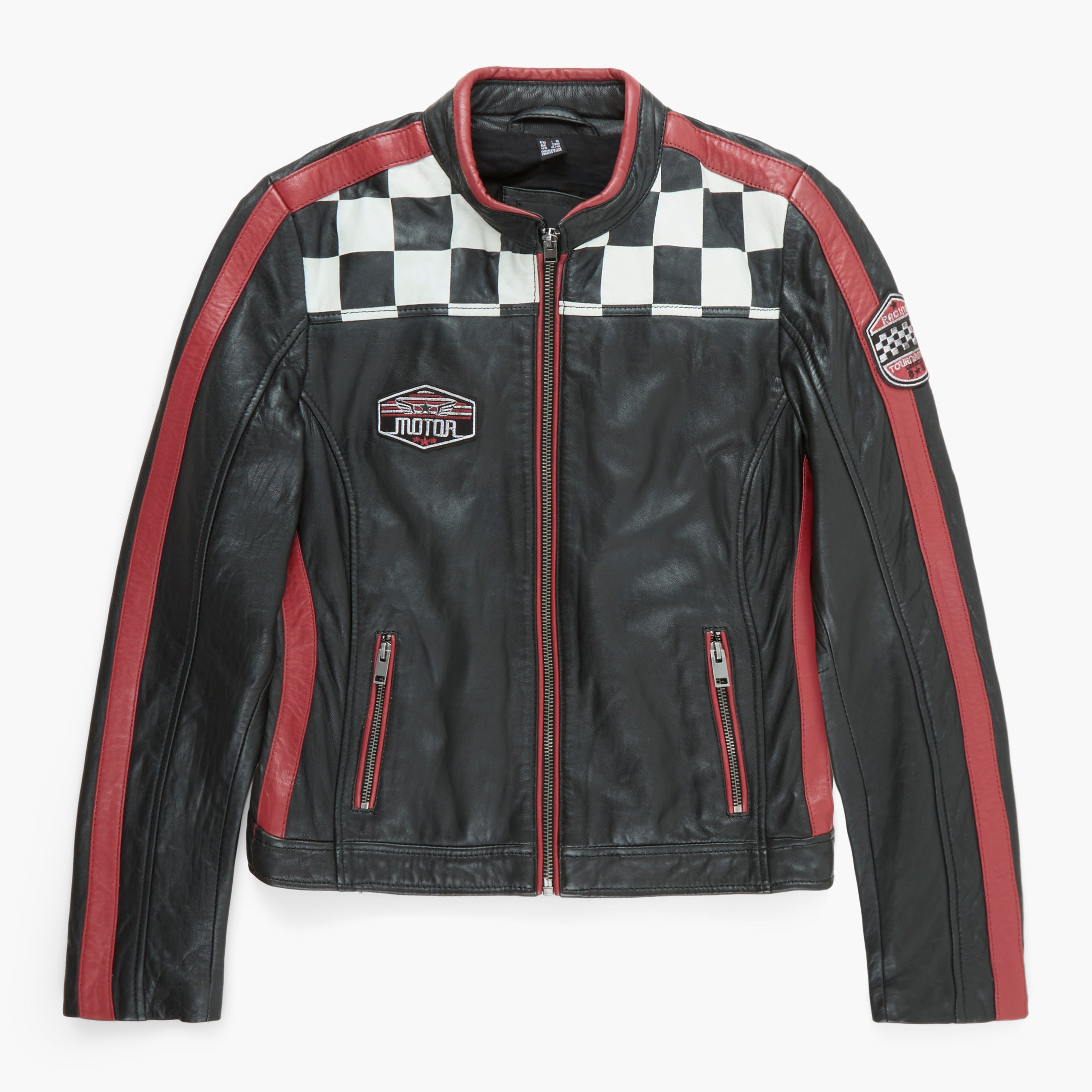 Black leather jacket with checkered pattern and brand logo on a white background