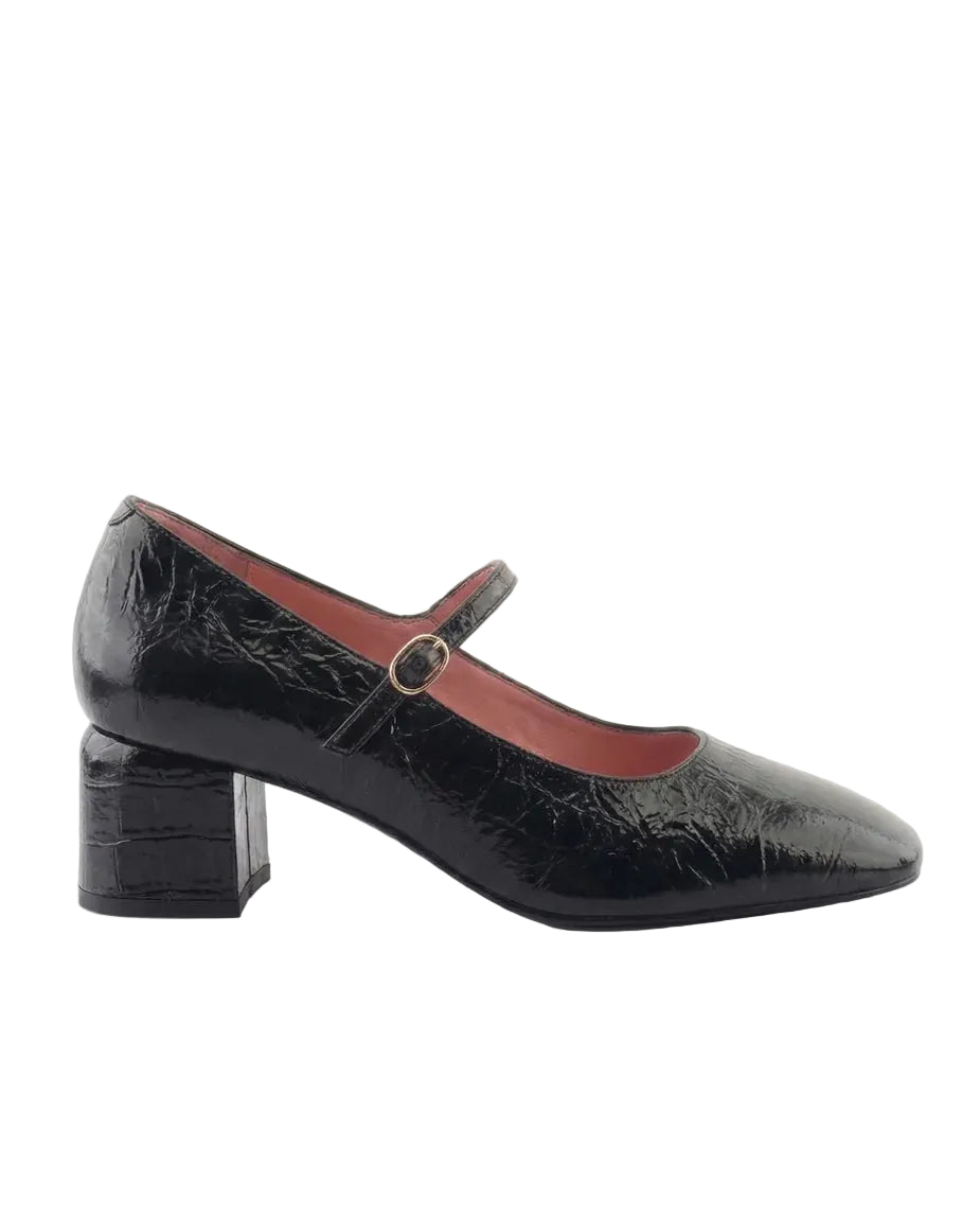 Sally Maryjane black croc-textured Mary Jane heel with ankle strap, side view