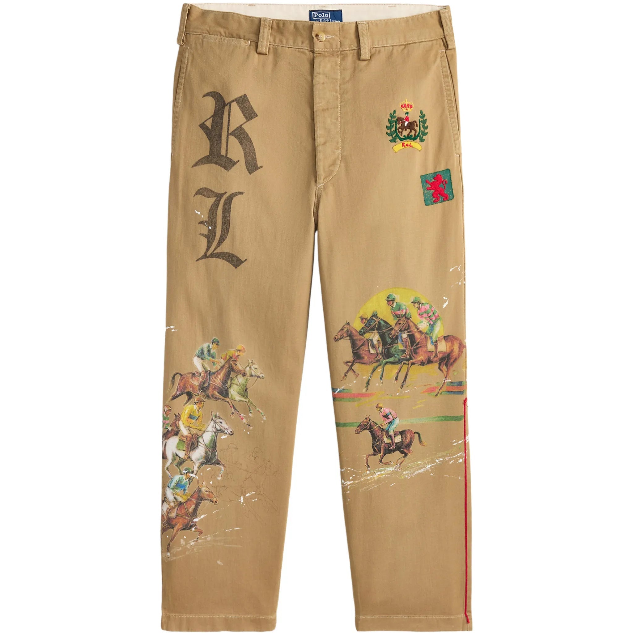 Beige pants with horse and rider prints and RL logo on a white background