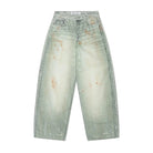 Light blue jeans with distressed details on a white background