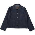 Dark denim jacket with button details on a white background