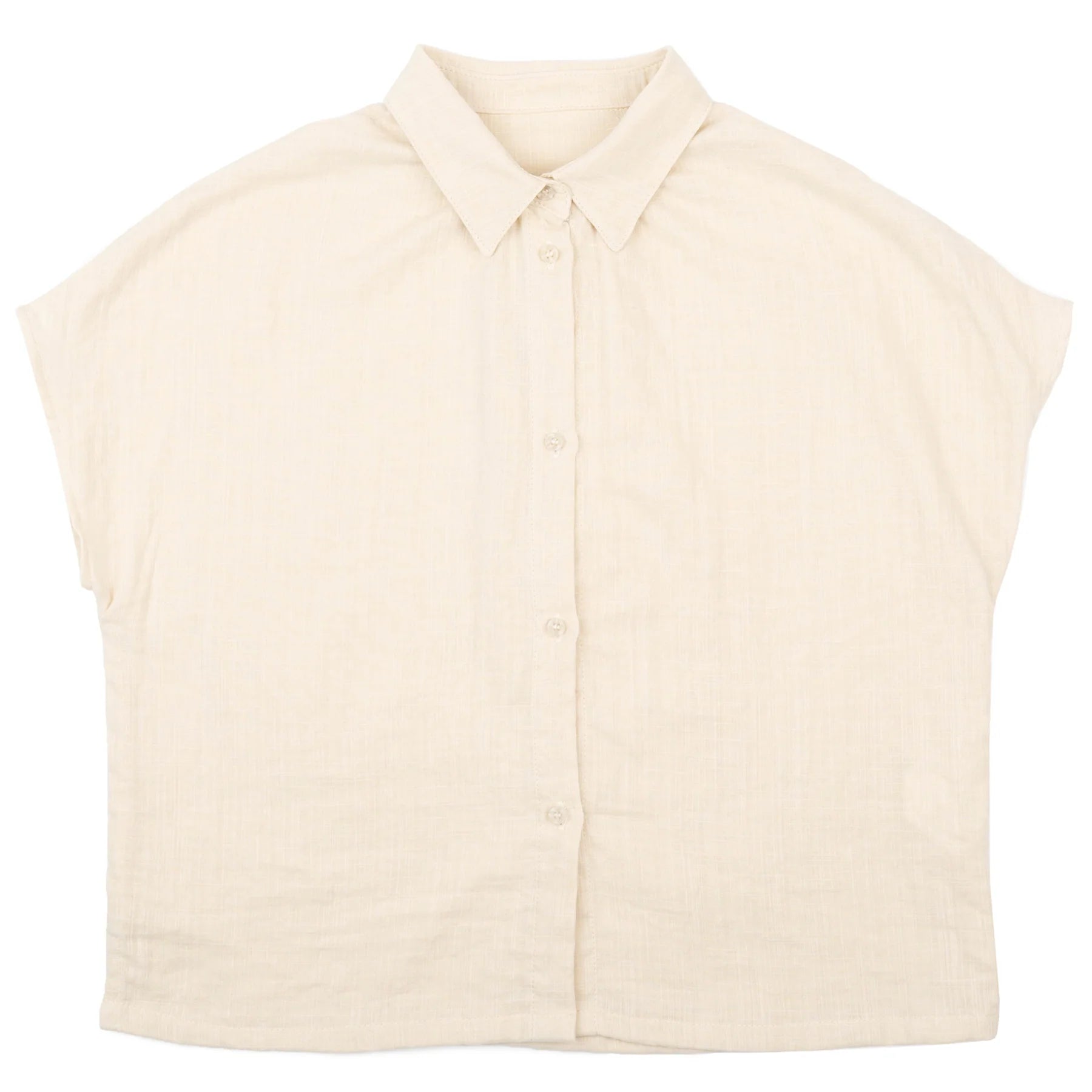 Beige sleeveless button-up shirt on a white background