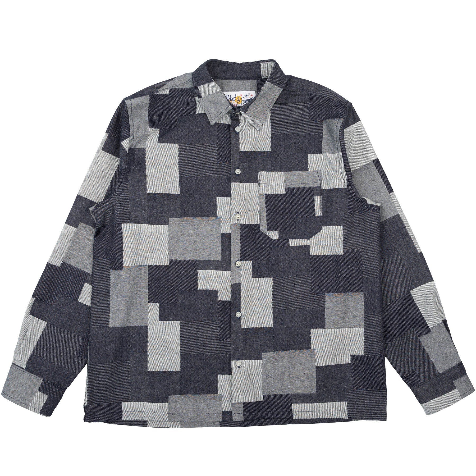 Patterned shirt with geometric design on a white background