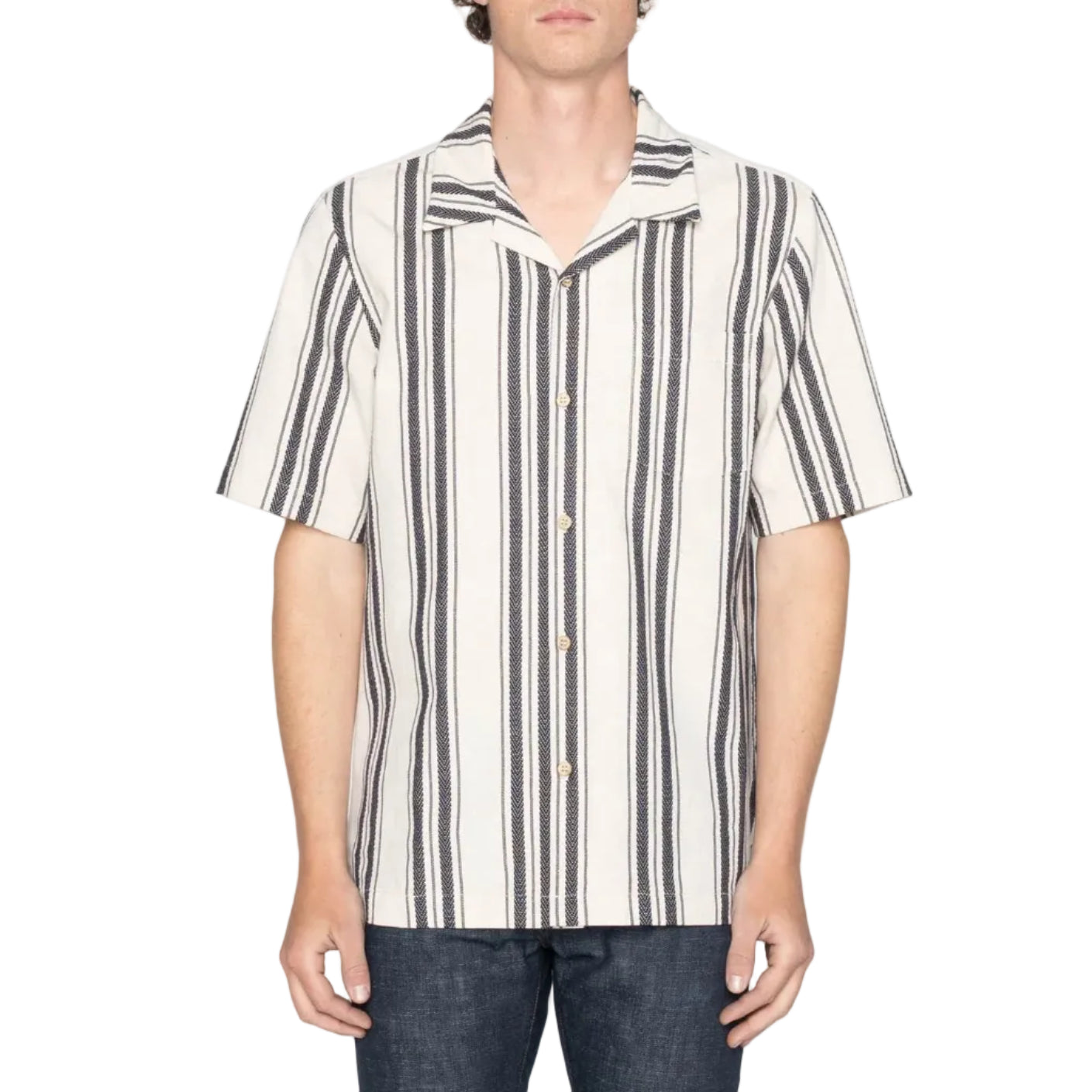 Man wearing a striped shirt with a plain background
