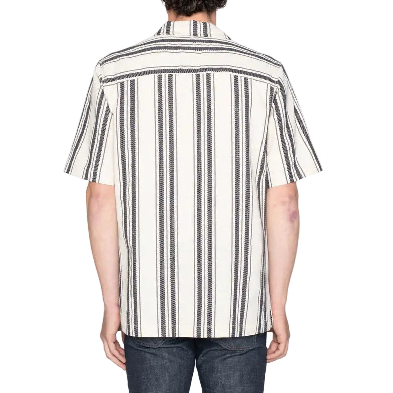 Person wearing a black and white striped shirt on a plain background