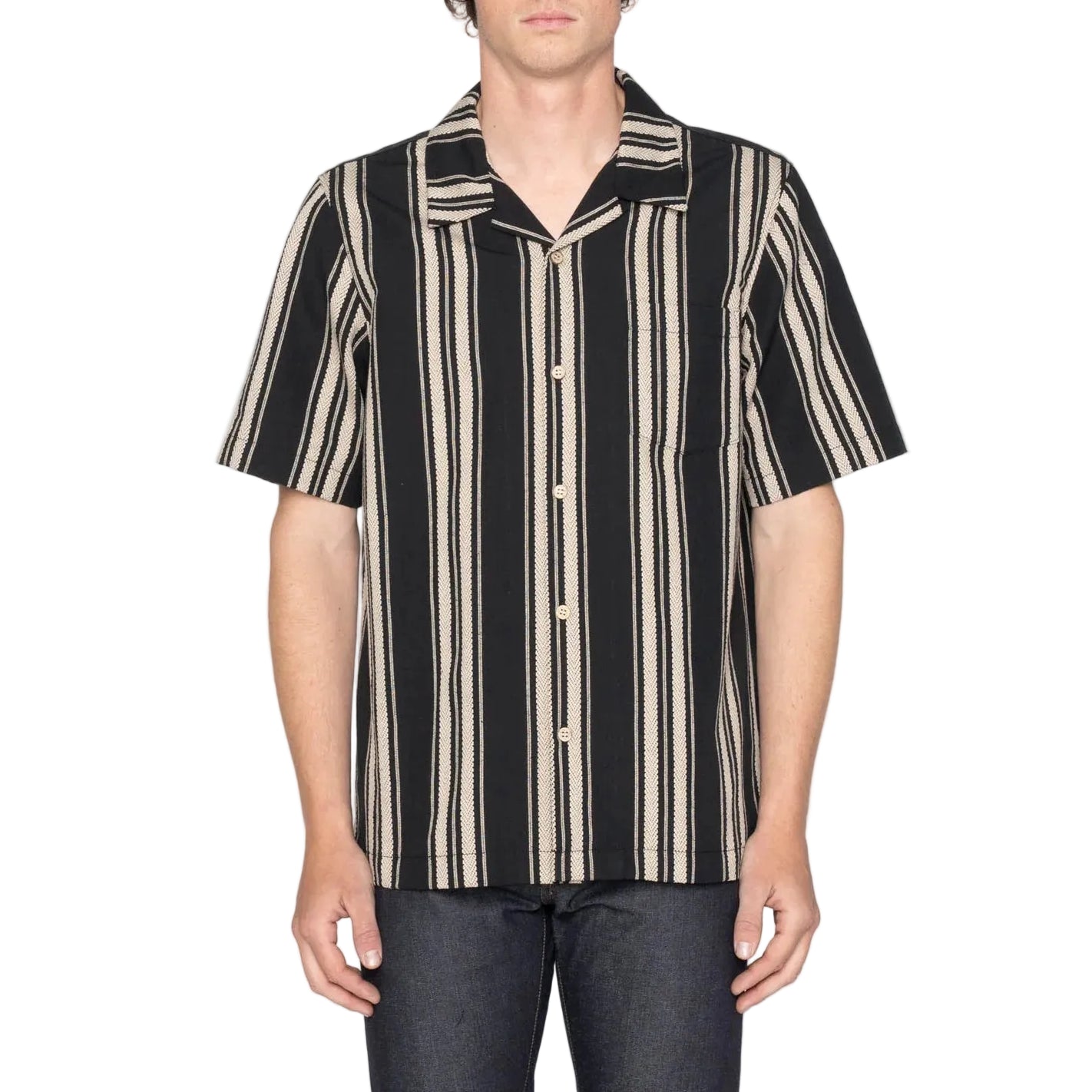 Man wearing a black and beige striped shirt on a white background