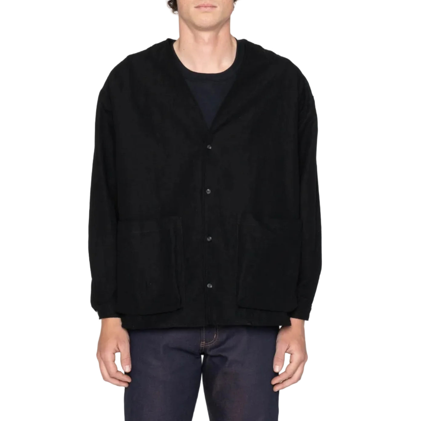 Person wearing a black jacket on a white background