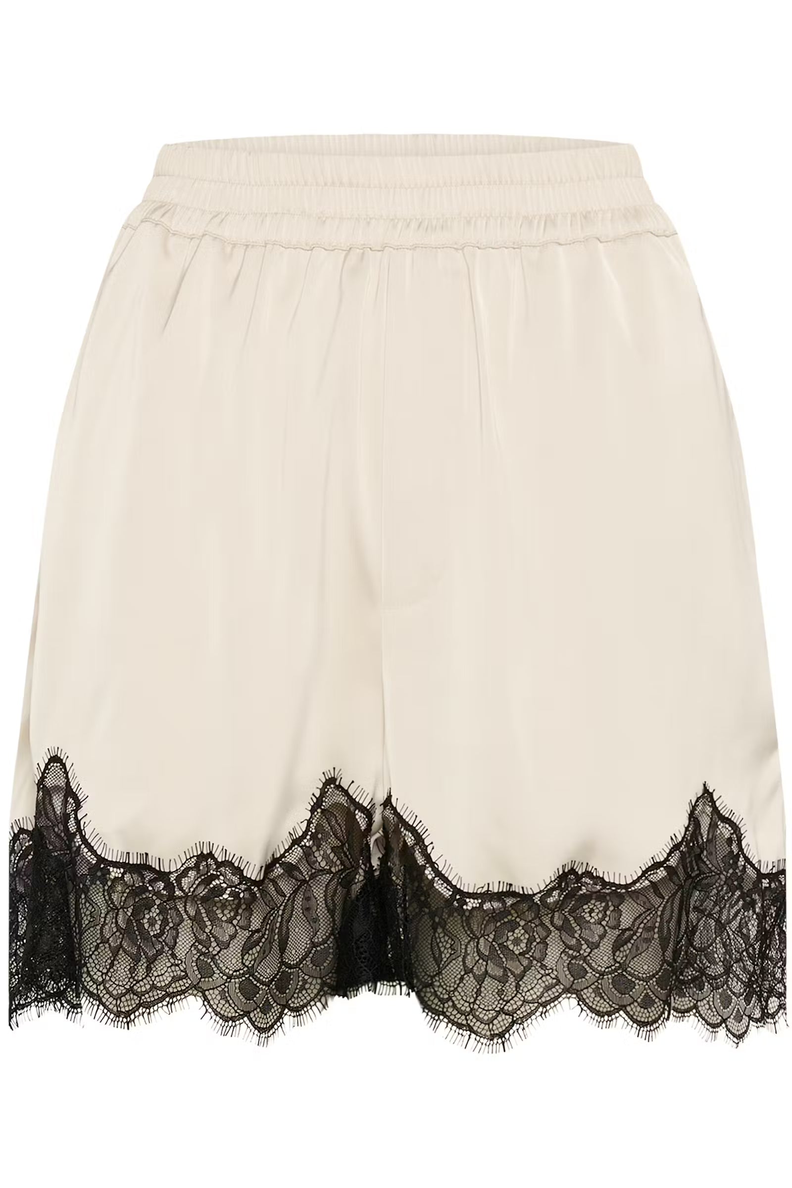 Beige shorts with black lace trim on a white background
