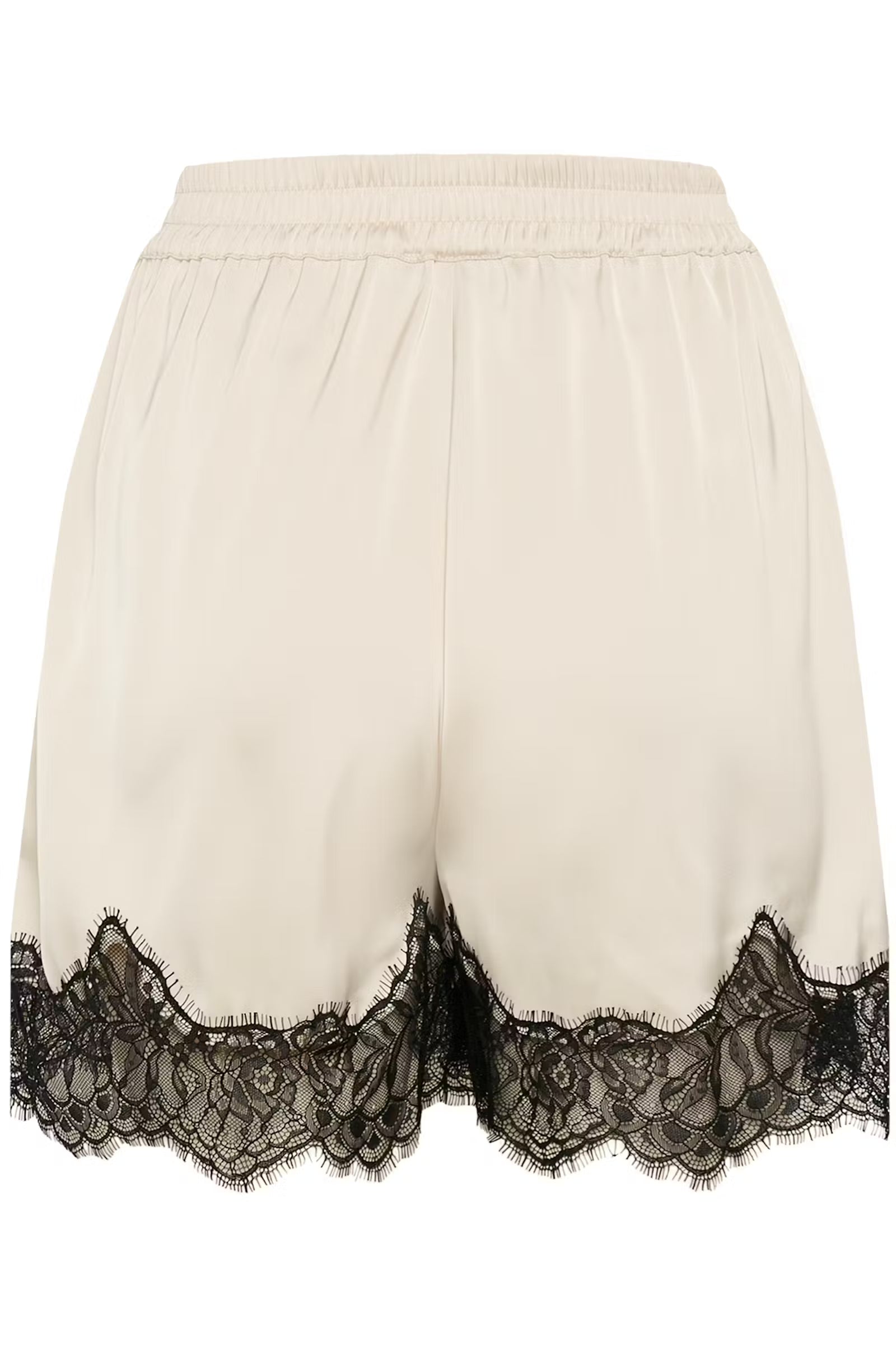 White shorts with black lace trim on a white background