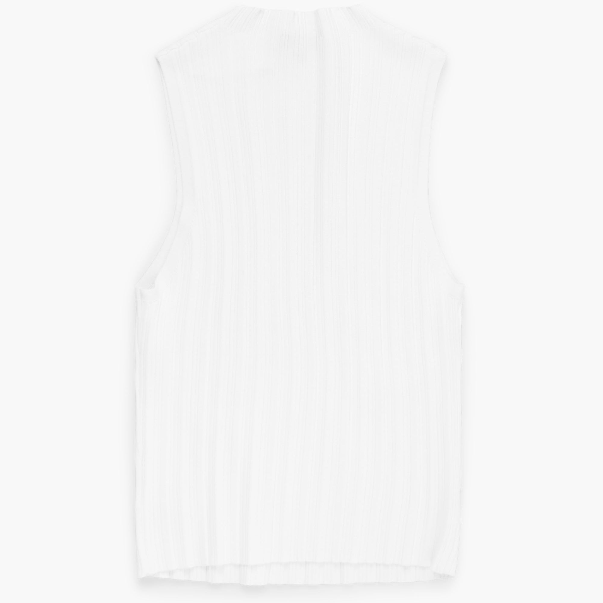Plain white tank top with a small logo on a white background