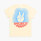 Yellow t-shirt with blue peace symbol and 'Peace Now' text on a white background