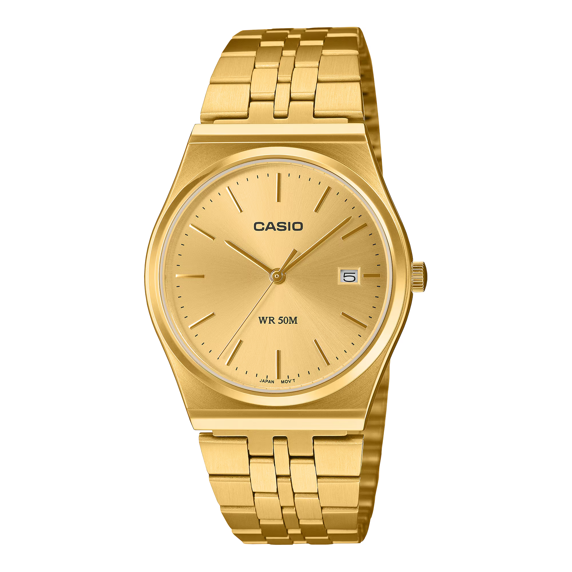 Gold Casio watch on a white background