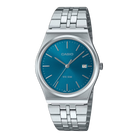 Casio watch with blue dial and silver metal strap on a white background