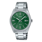 Casio watch with green dial and silver metal strap on a white background