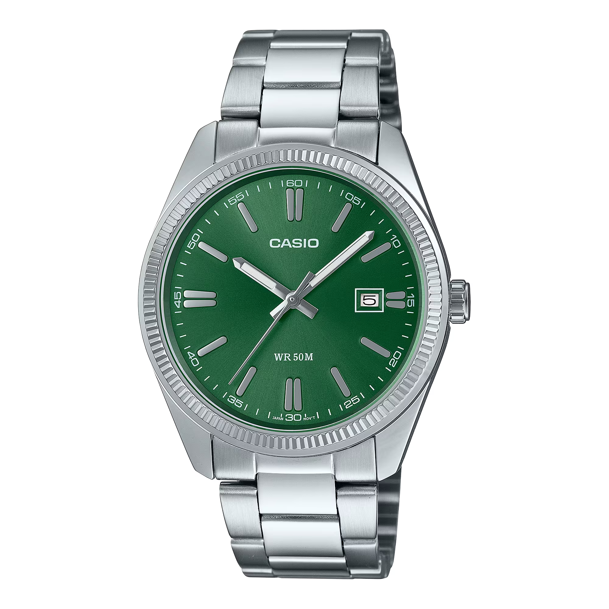 Casio watch with green dial and silver metal strap on a white background