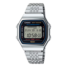 Casio digital watch with metal band on a white background