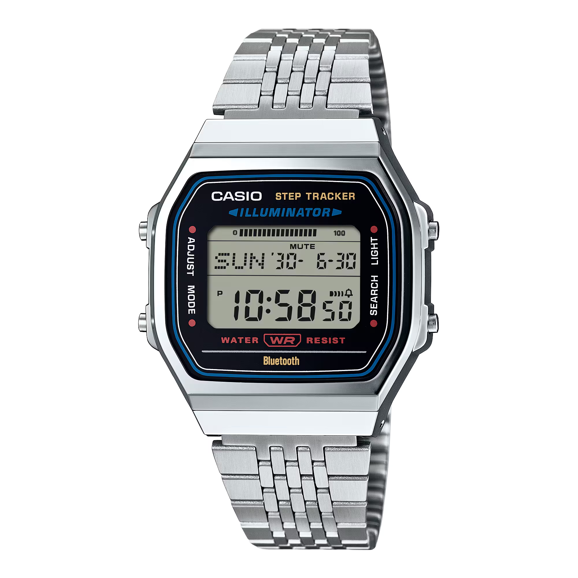 Casio digital watch with metal band on a white background