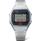 Casio digital watch with metal strap on a white background