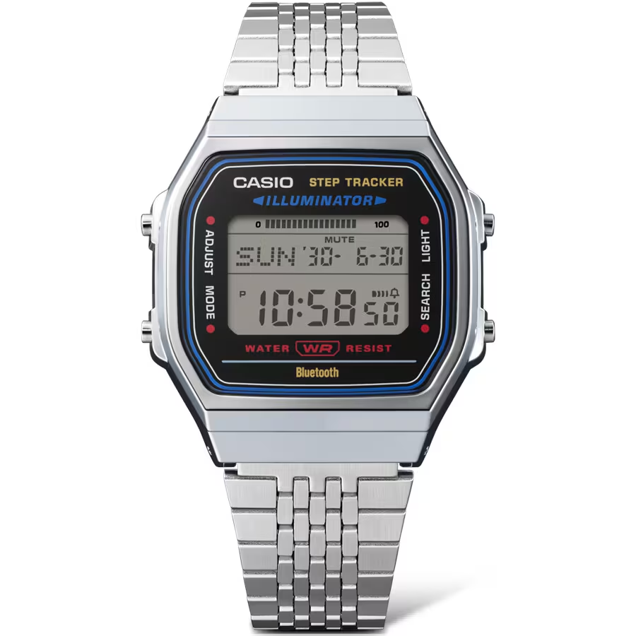 Casio digital watch with metal strap on a white background
