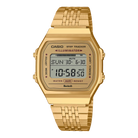 Gold Casio step tracker watch on a white background