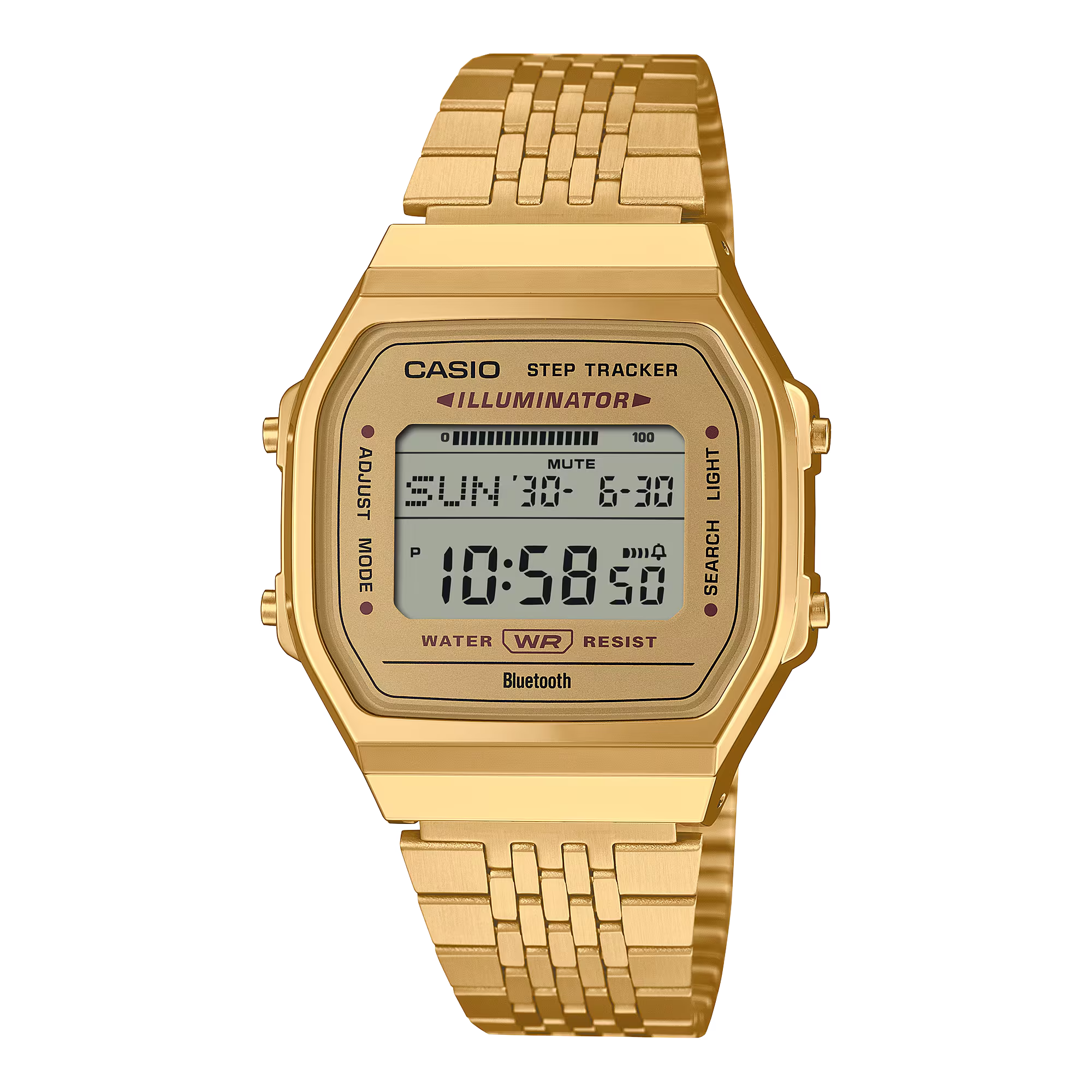 Gold Casio step tracker watch on a white background