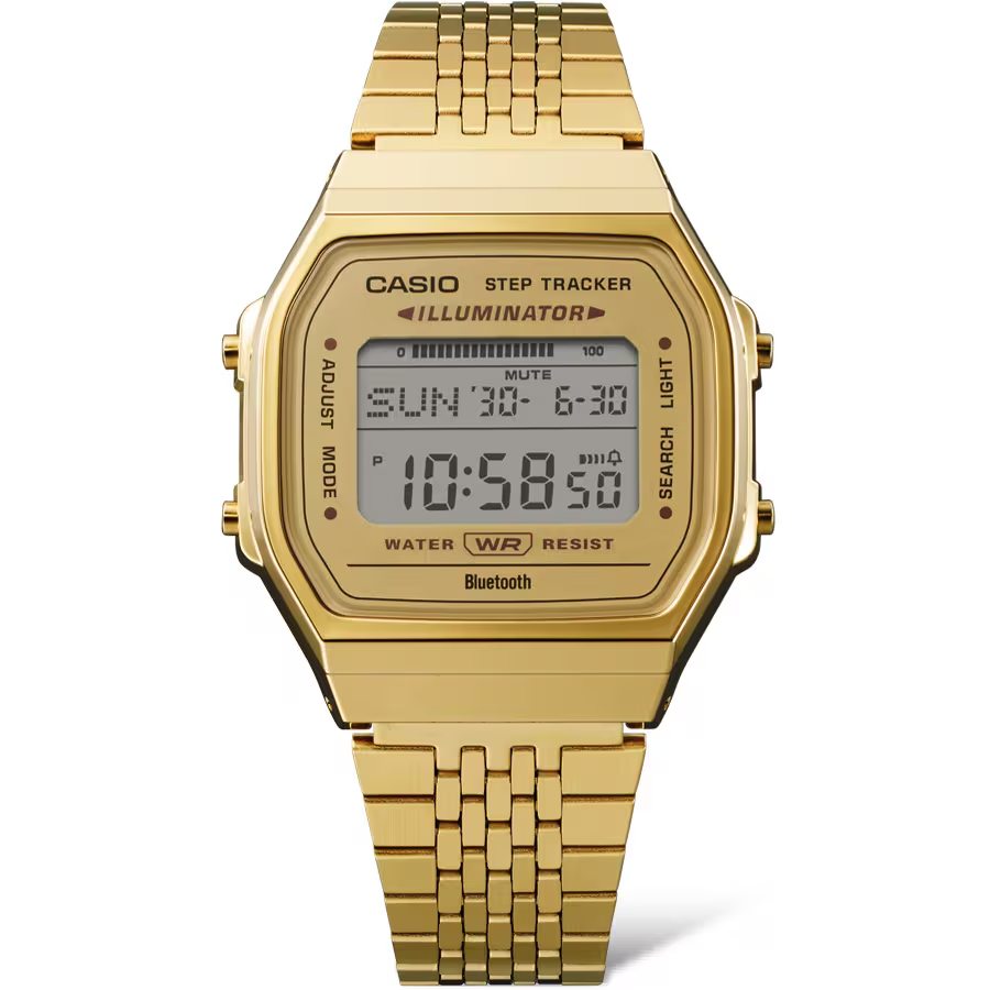 Gold Casio digital watch on a white background