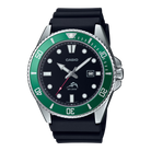 Casio watch with green bezel and black strap on a white background