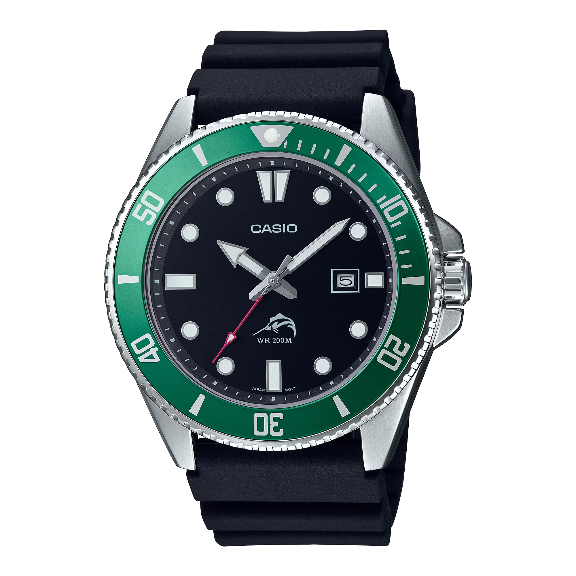 Casio watch with green bezel and black strap on a white background