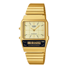 Gold Casio watch with digital and analog display on a white background