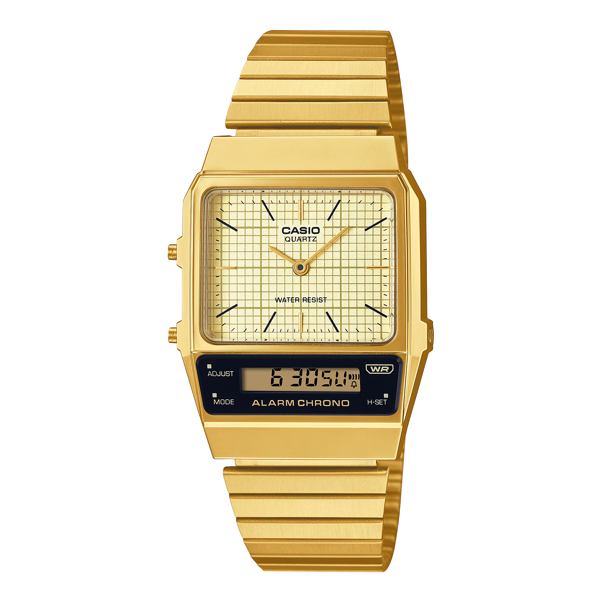 Gold Casio watch with digital and analog display on a white background