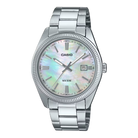 Silver Casio watch with a mother of pearl dial on a white background