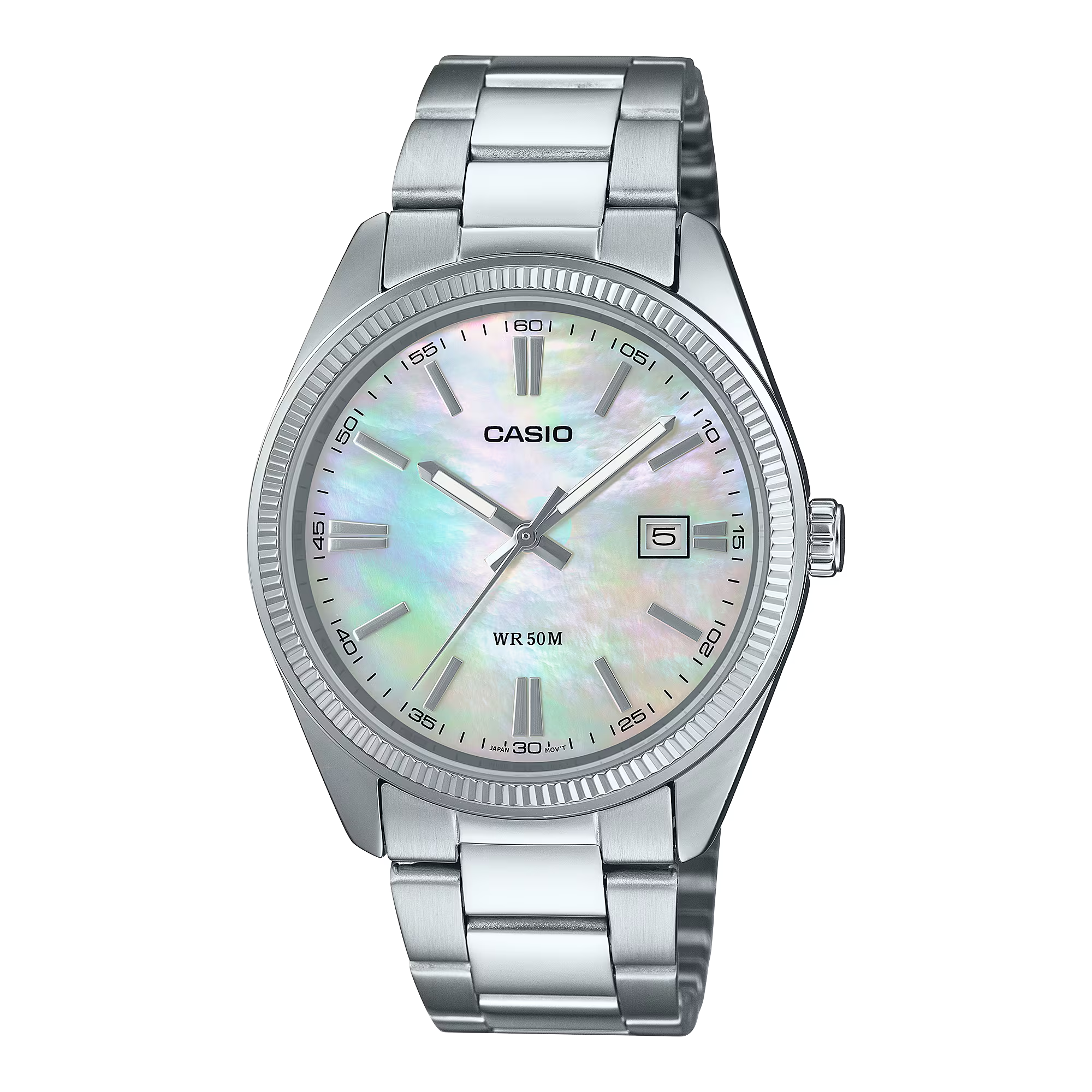 Silver Casio watch with a mother of pearl dial on a white background