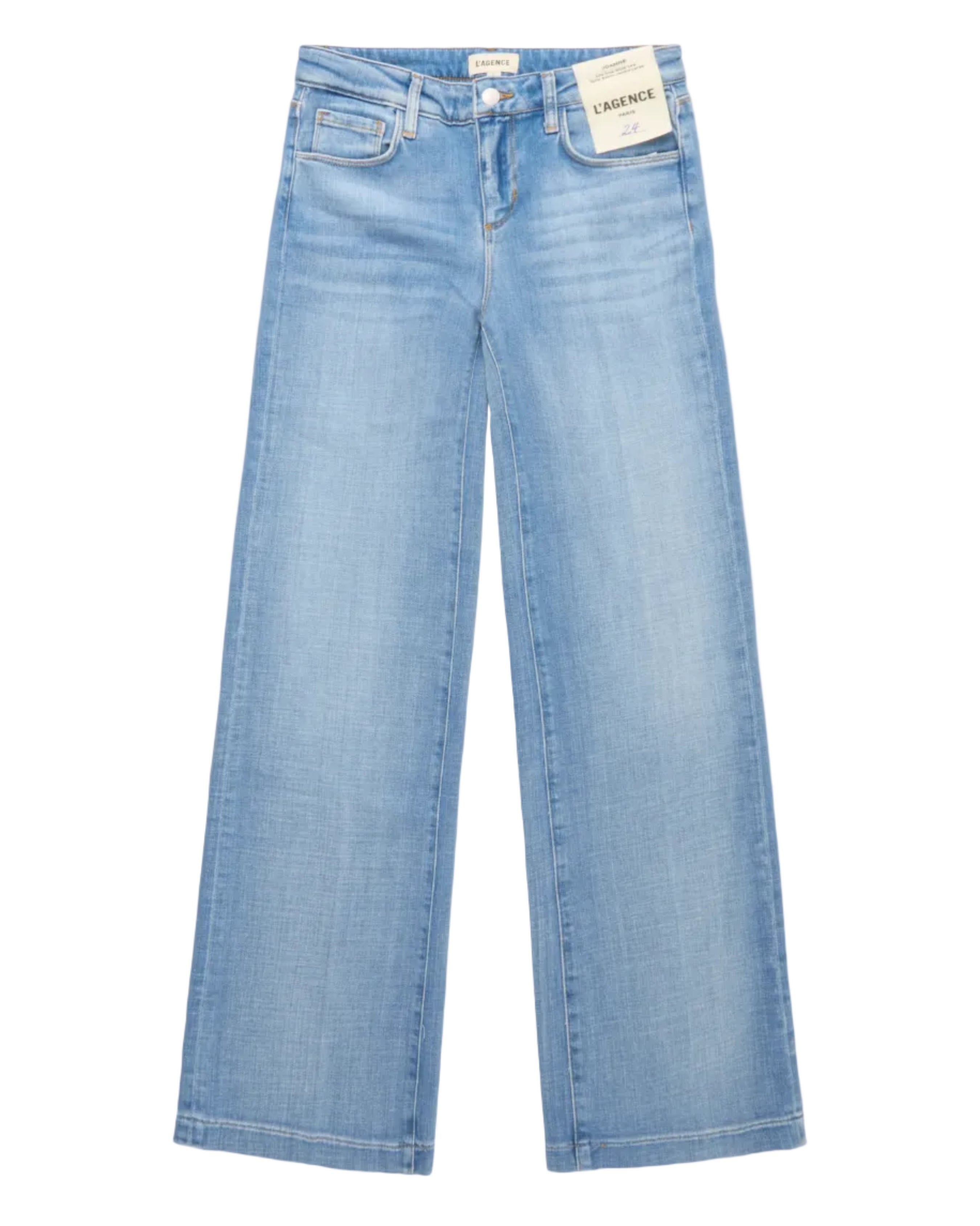Wide leg blue jeans on a white background