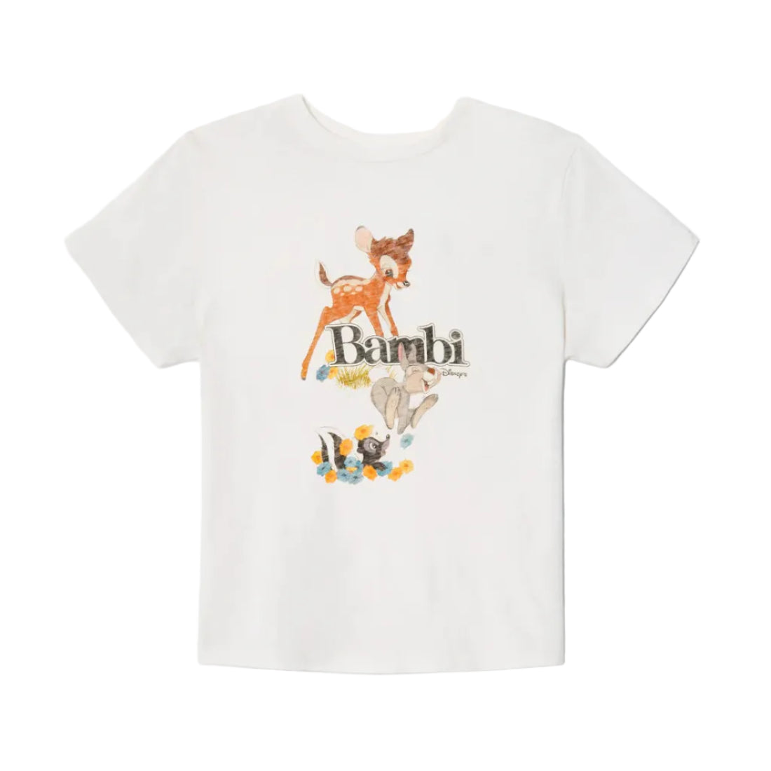 White t-shirt with Bambi graphic design on a white background