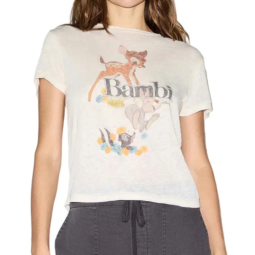 Person wearing a t-shirt with a Bambi graphic design on a plain background