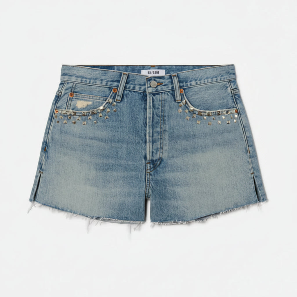 Light blue denim shorts on a white background
