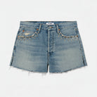 Light blue denim shorts on a white background