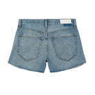 Back view of light blue denim shorts on a white background