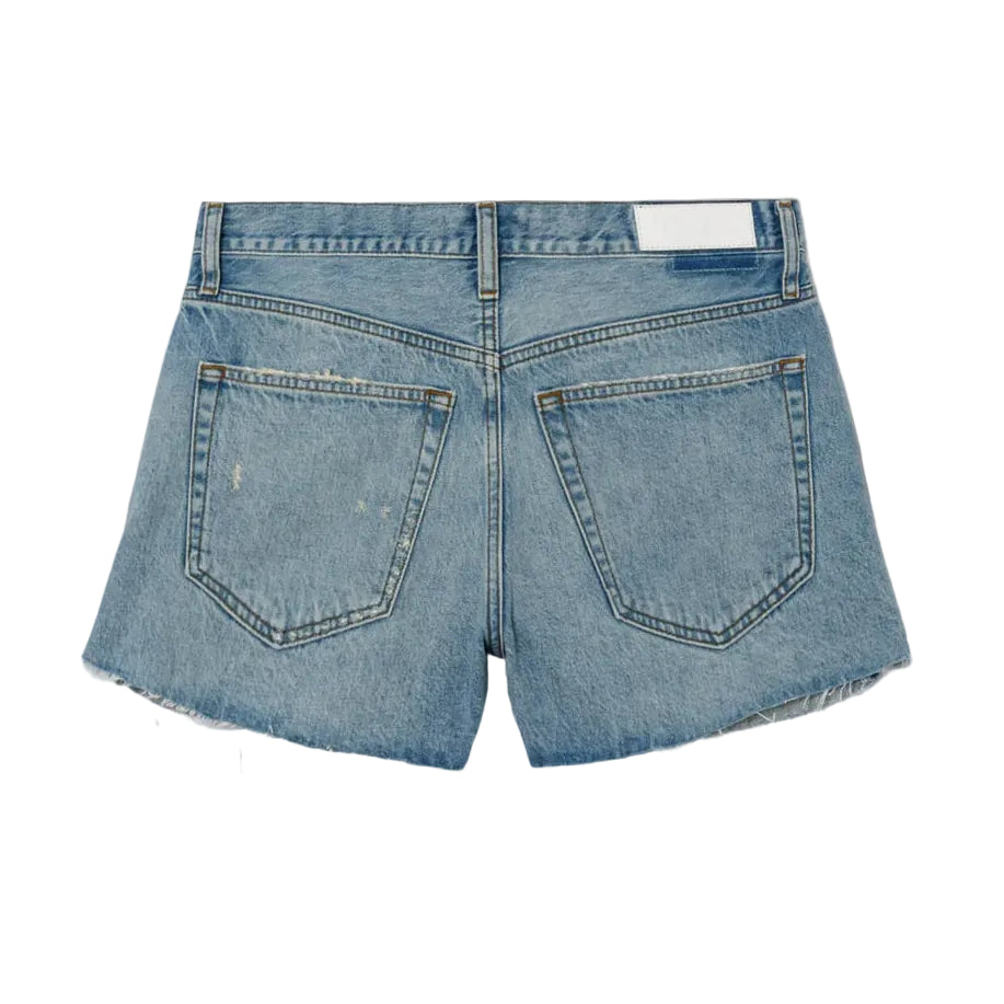 Back view of light blue denim shorts on a white background