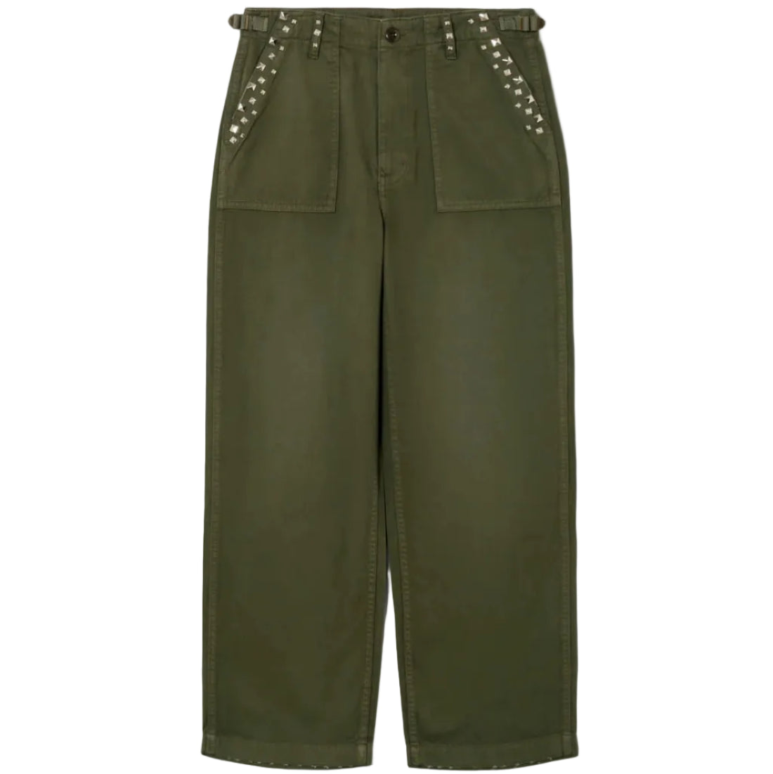 Army green military style pants on a white background
