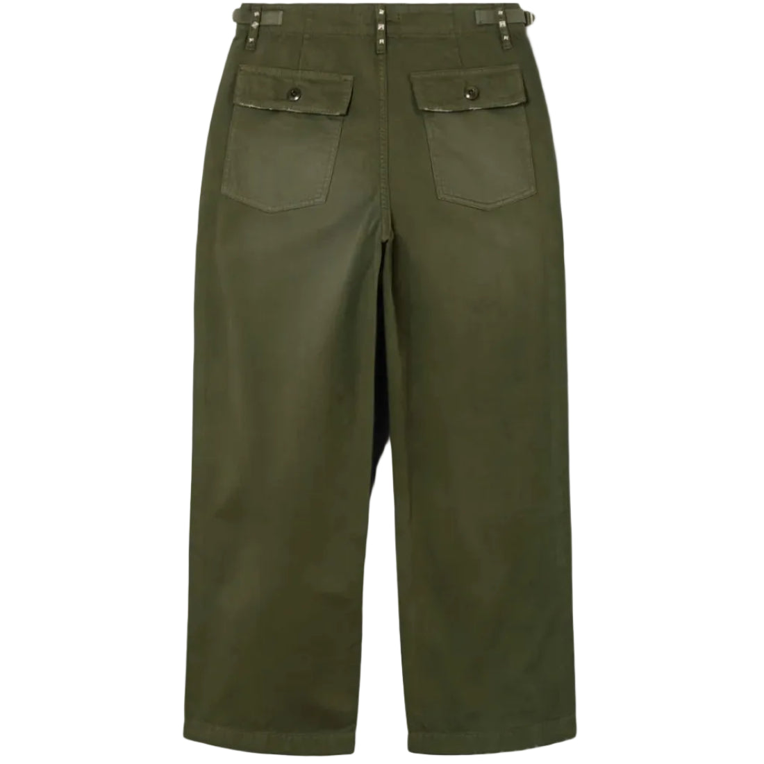 Back view of army green military style pants on a white background