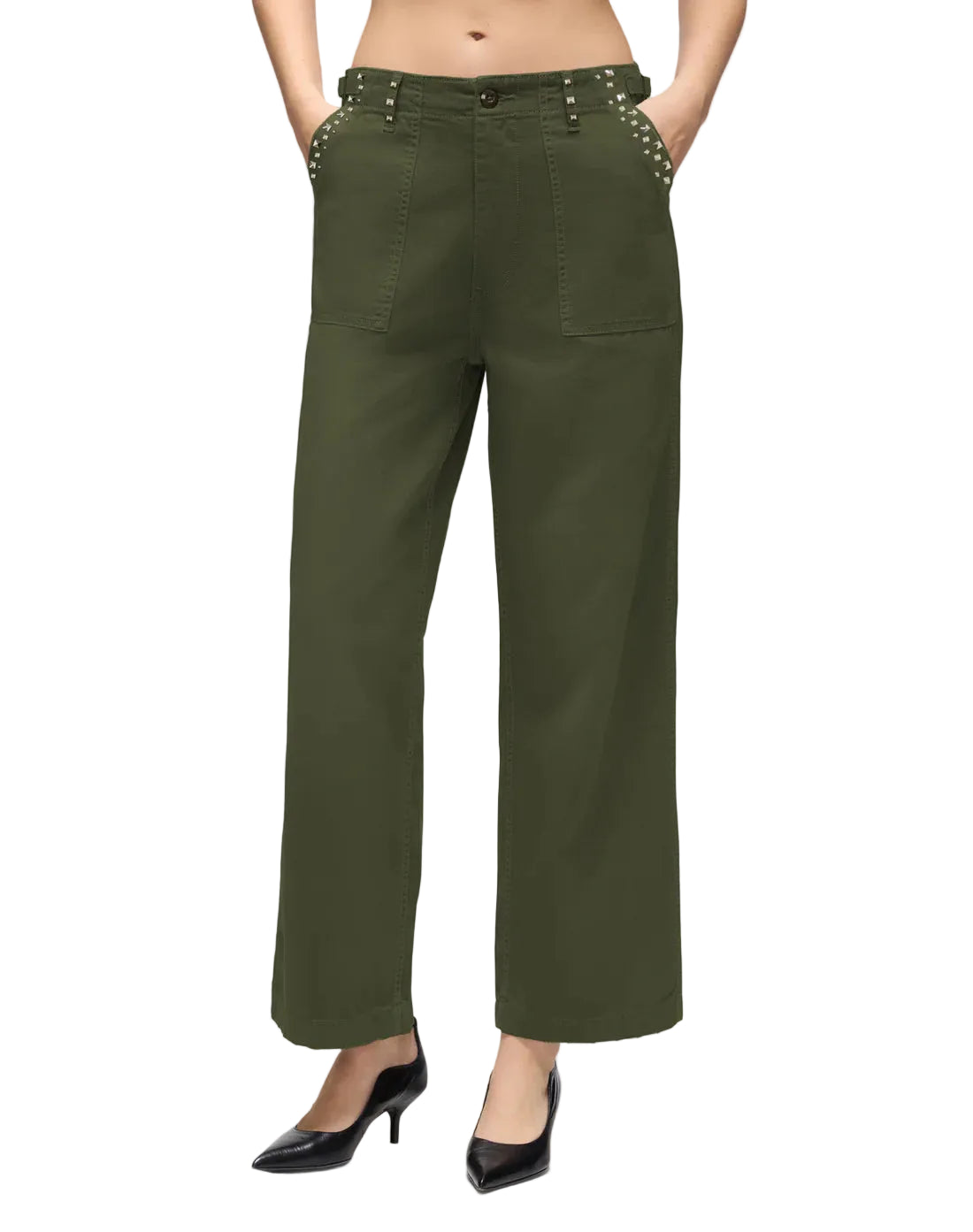 Model in army green military style pants on a white background