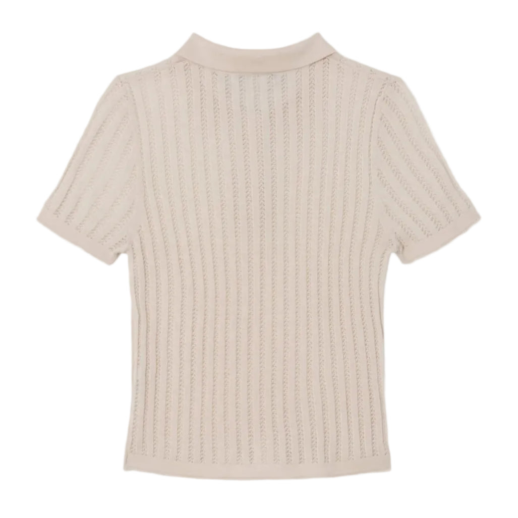Back view of an ivory knit polo on a white background