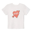 White t-shirt with a red heart and 'Mom' text on a white background