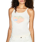Person in a beige tank top with a peach graphic on the front on a white background